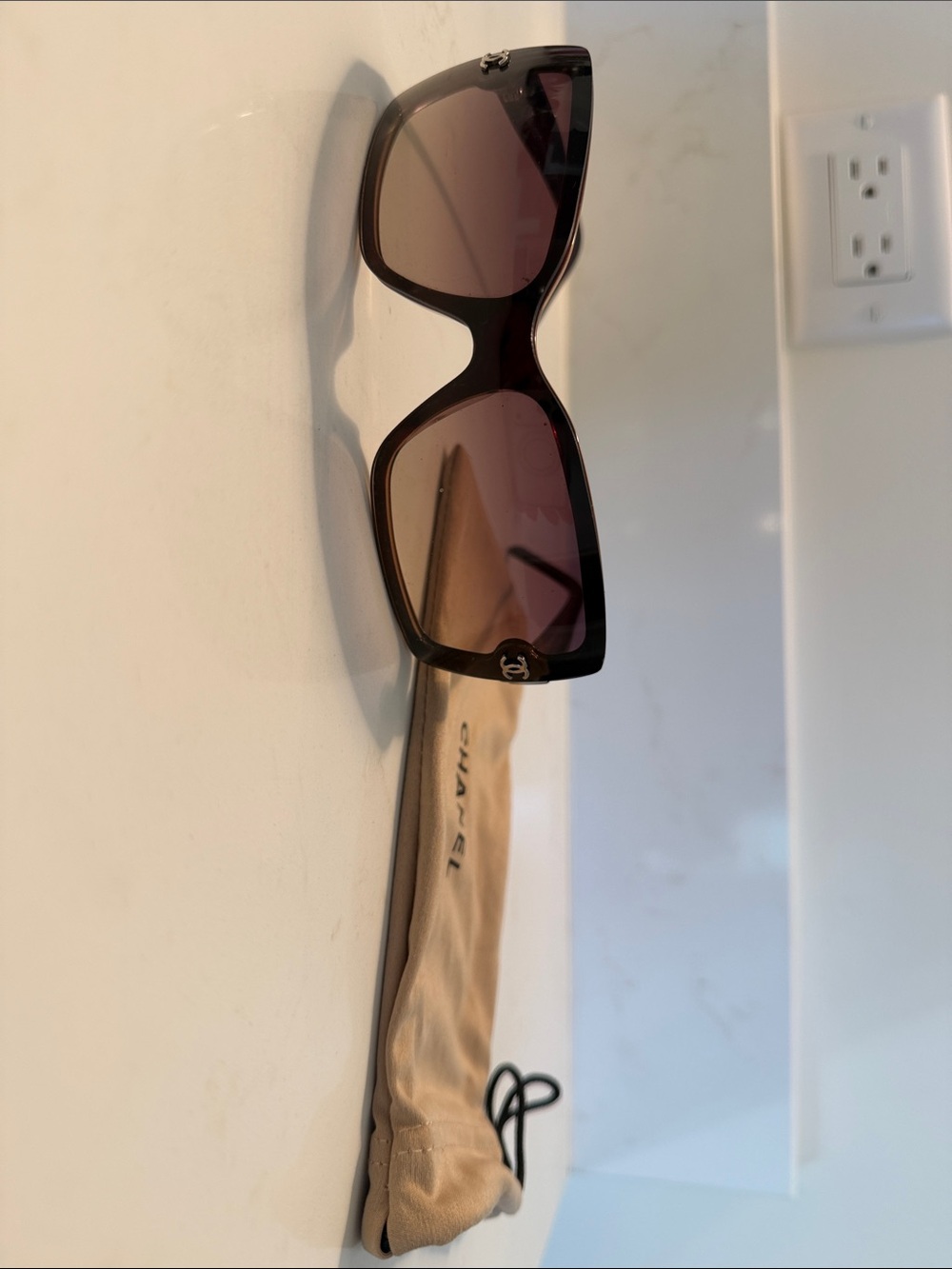CHANEL Brown Translucent Rectangular Sunglasses with Logo